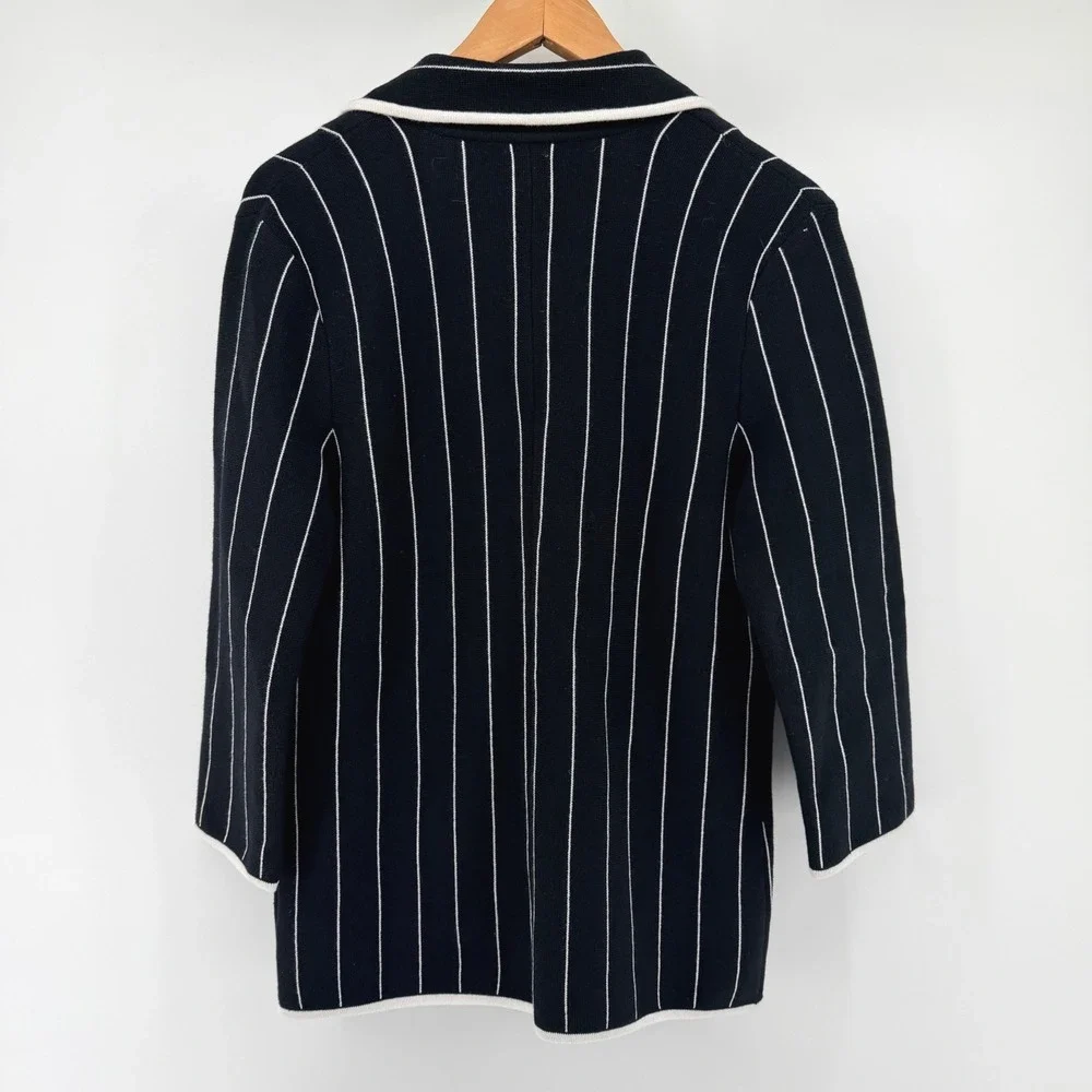 Lauren Ralph Lauren Navy White Pinstripe Knit Blazer Cardigan Jacket Womens M - Picture 5 of 9
